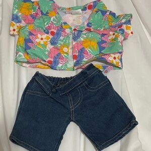 Build-A-Bear Colorful Tropical Shirt and Denim Jean Set